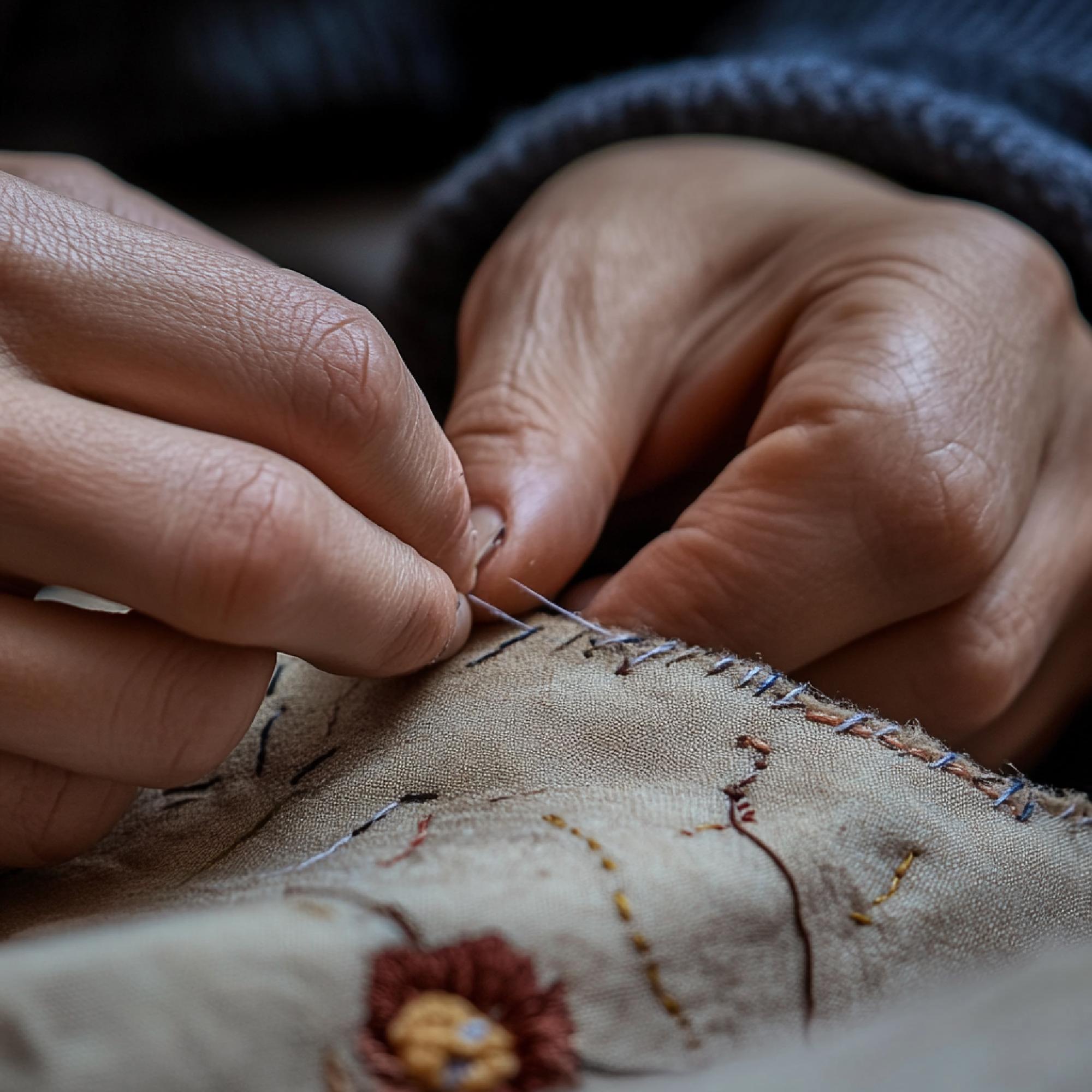 Mâini lucrând la o broderie detaliată